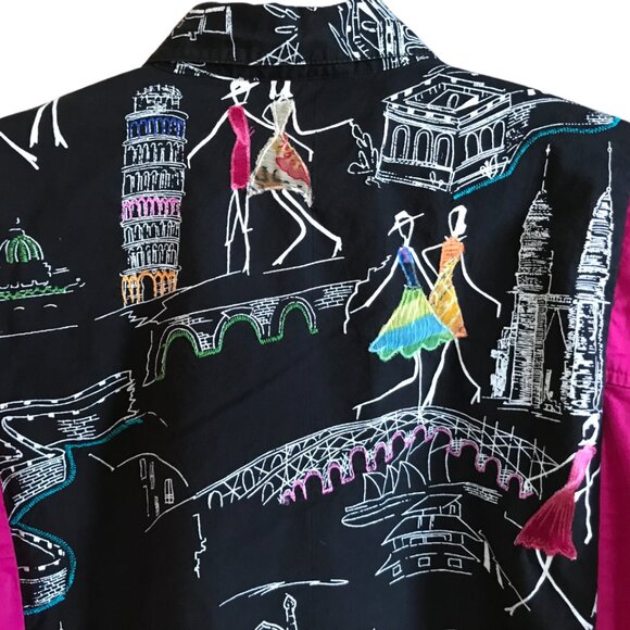 Funky Oversized Blazer, M-L: Paris Print, Fuchsia Spliced Button-Down Jacket - Picture 5 of 12